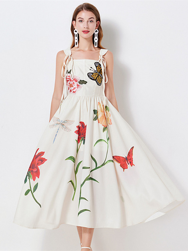 Nyári gyönyörű pillangós virágos hímző ruha női csokornyakkendő spagetti pánt virágmintás pamut vászon ünnepi hosszú Vestido