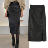 Temperament moodne must PU-nahast kõrge vöökohaga seelik Naiste seksikas vabaaja kõrge vöökohaga elegantne kontorimood soliidsed lõhestatud seelikud