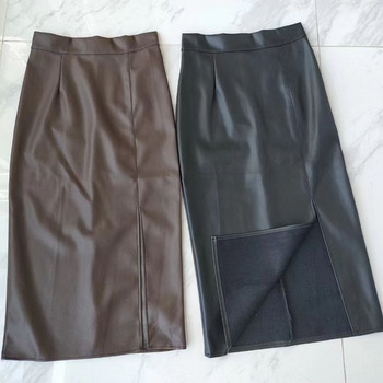Temperament Fashion черна PU кожена пола с висока талия Дамски секси ежедневни елегантни офис модни плътни поли с висока талия