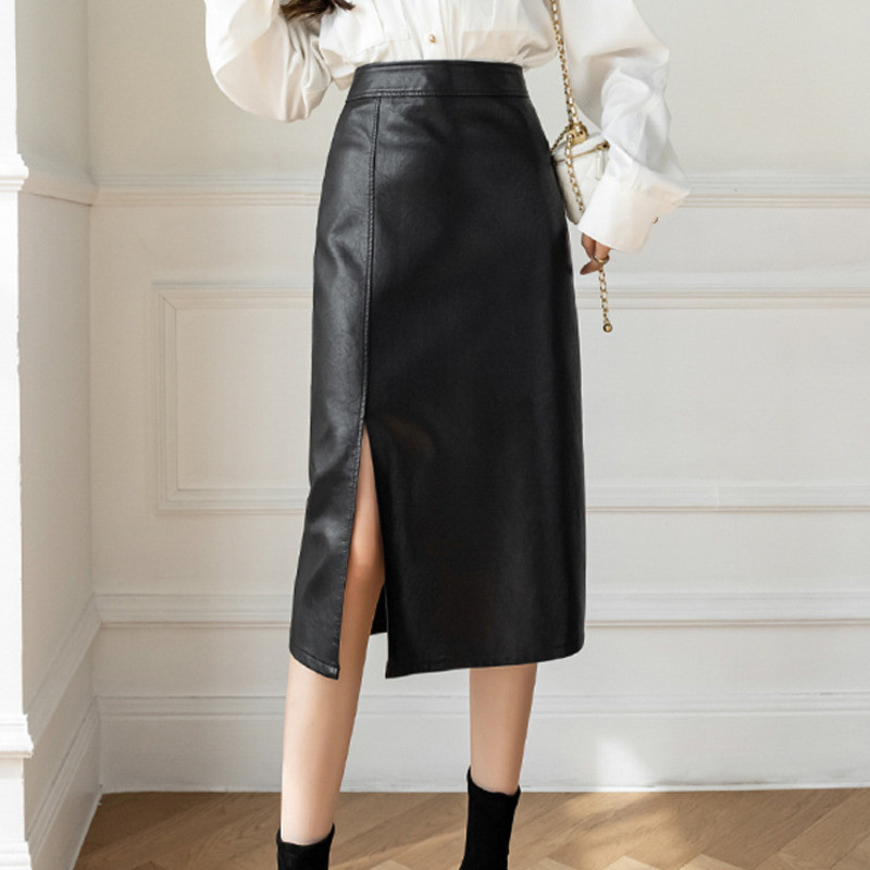 Temperament moodne must PU-nahast kõrge vöökohaga seelik Naiste seksikas vabaaja kõrge vöökohaga elegantne kontorimood soliidsed lõhestatud seelikud