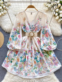 Ανοιξιάτικο Καλοκαίρι Πανέμορφα Φορέματα λουλουδιών Γυναικεία λινό V λαιμόκοψη Δαντέλα Διακοσμητικά Μονόστήθος Ζώνη με λουλούδια στάμπα Μίνι Vestidos