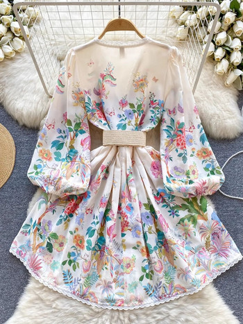 Пролетно лято Разкошни рокли на цветя Дамски ленени дантелени гарнитури с V-образно деколте Едноредов колан Плажни мини Vestidos