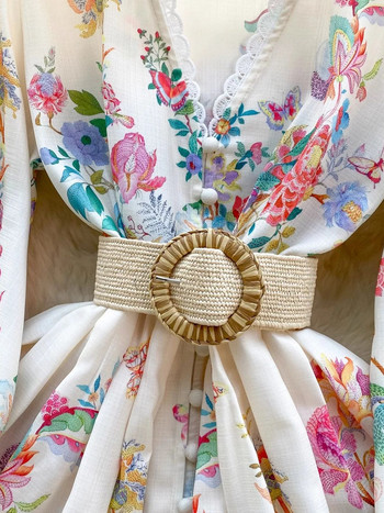 Пролетно лято Разкошни рокли на цветя Дамски ленени дантелени гарнитури с V-образно деколте Едноредов колан Плажни мини Vestidos