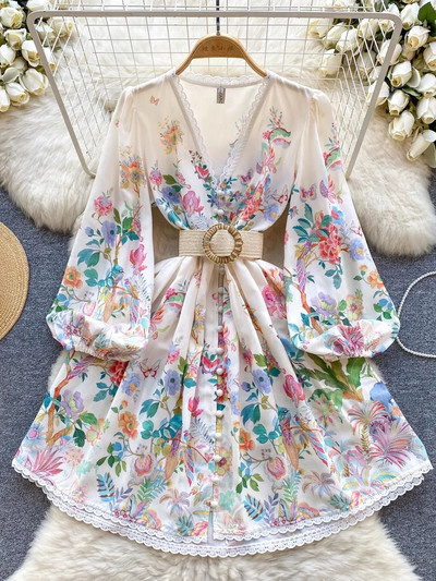 Ανοιξιάτικο Καλοκαίρι Πανέμορφα Φορέματα λουλουδιών Γυναικεία λινό V λαιμόκοψη Δαντέλα Διακοσμητικά Μονόστήθος Ζώνη με λουλούδια στάμπα Μίνι Vestidos