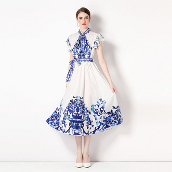 Banulin 2023 Summer Runway Синьо-бяла порцеланова плисирана рокля Дамска рокля с летящ ръкав с паст деколте A-Line Vintage Midi Vestidos