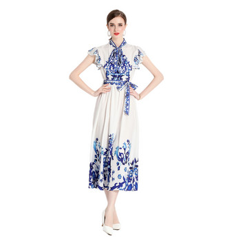 Banulin 2023 Summer Runway Синьо-бяла порцеланова плисирана рокля Дамска рокля с летящ ръкав с паст деколте A-Line Vintage Midi Vestidos