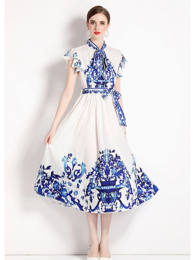 Banulin 2023 Summer Runway, sinine ja valge portselanist plisseeritud kleit naiste vibukaelusega lendav varrukaga A-joonega vintage Midi Vestidos