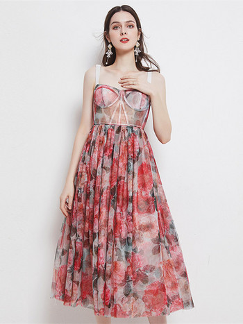 2022 Лятна розова бохемска парти рокля с флорални дамски спагети презрамка без гръб Секси подплатена чаша с цветен принт Плажни халати Elbise