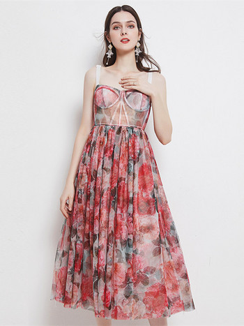 2022 Summer Rose Floral Bohemian Party Φόρεμα Γυναικείο σπαγγέτι με λουράκι εξώπλατο, σέξι με επένδυση φλιτζάνι λουλούδι στάμπα Μπόμπες παραλίας Elbise