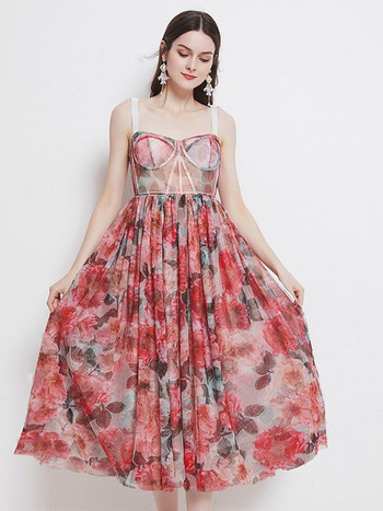 2022 Лятна розова бохемска парти рокля с флорални дамски спагети презрамка без гръб Секси подплатена чаша с цветен принт Плажни халати Elbise