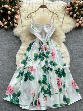 2022 Summer Rose Floral Bohemian Party Φόρεμα Γυναικείο σπαγγέτι με λουράκι εξώπλατο, σέξι με επένδυση φλιτζάνι λουλούδι στάμπα Μπόμπες παραλίας Elbise