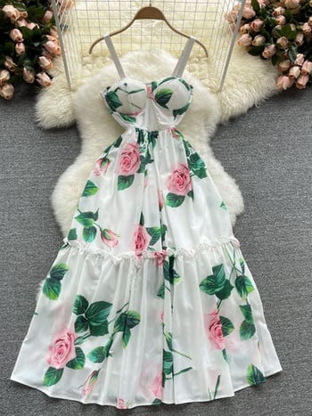 2022 Summer Rose Floral Bohemian Party Φόρεμα Γυναικείο σπαγγέτι με λουράκι εξώπλατο, σέξι με επένδυση φλιτζάνι λουλούδι στάμπα Μπόμπες παραλίας Elbise