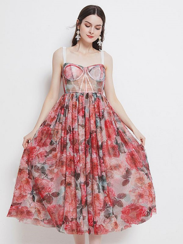 Ljetna boemska haljina s ružičastim cvjetnim motivom za 2022. Ženska haljina s naramenicama bez leđa, seksi podstavljena šalica s printom cvijeća za plažu Elbise ogrtači