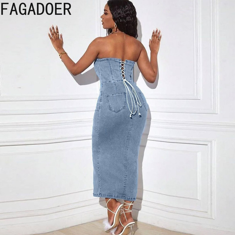 FAGADOER kevadised uued ühevärvilised sidemega lõhikuga teksakangast torust kleidid naiste varrukateta seljata õhukesed Vestidos mood naisteriided