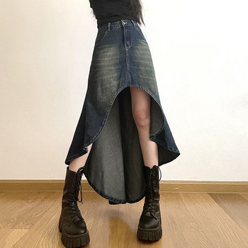 Висока талия Винтидж неправилна дамска дълга пола Деним 2024 лято Streetwear Ретро дълга предна къса задна дънкова пола Дамска