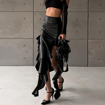BIIKPIIK С волани Асиметрични секси поли с обвивка на бедрата Ежедневни черни тънки дамски поли с висока талия Елегантен дизайн