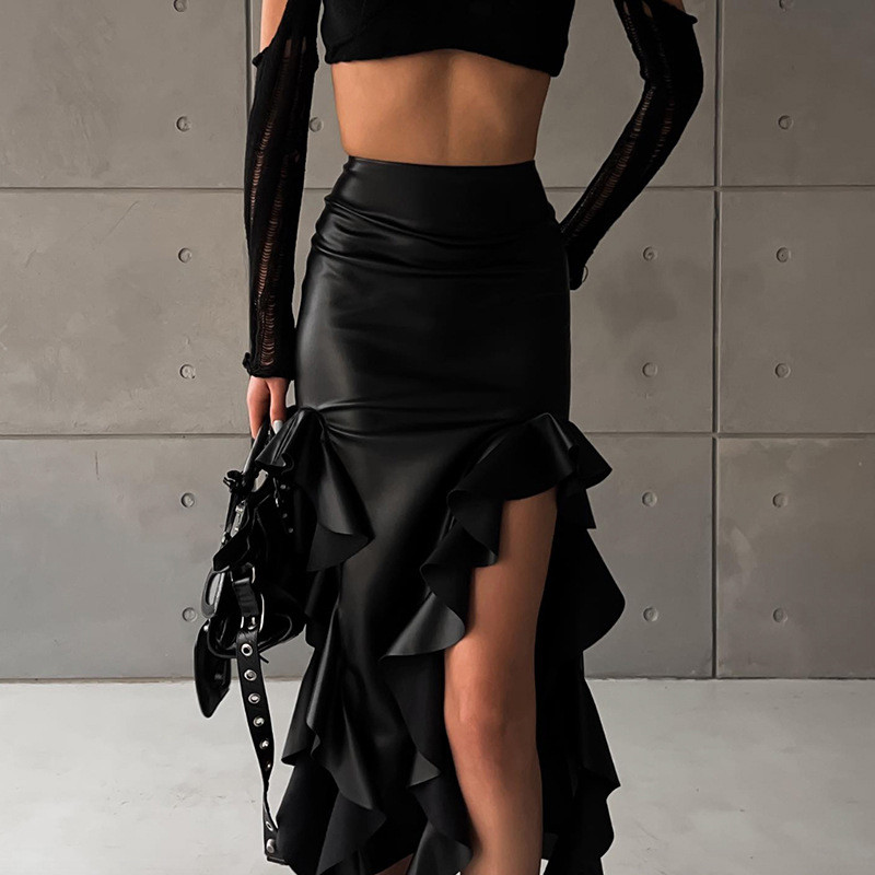 BIIKPIIK Volane Asimetrice Sexy Fuste Wrap Ocazional Negru Vent Skinny Fusta Femei Talie Înaltă Bodycon Fund Design Elegant