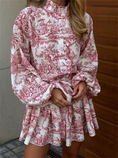 Rochie mini cu șireturi cu imprimeu vintage Tossy, pentru femei, la modă, cu volane, cu pliuri, bandaj, cu mânecă lungă, rochie de damă de High Street