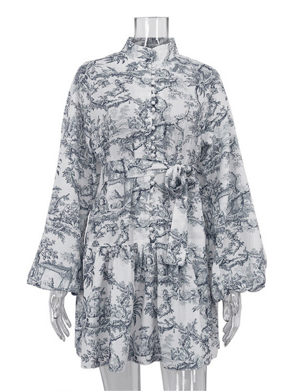 Rochie mini cu șireturi cu imprimeu vintage Tossy, pentru femei, la modă, cu volane, cu pliuri, bandaj, cu mânecă lungă, rochie de damă de High Street