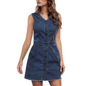 Rochie scurtă din denim pentru femei casual cu decolteu în V, blugi fără mâneci, rochii cu nasturi, rochii de soare midi, geantă lejeră, cu rochie la șold, rochie