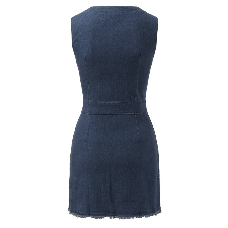 Rochie scurtă din denim pentru femei casual cu decolteu în V, blugi fără mâneci, rochii cu nasturi, rochii de soare midi, geantă lejeră, cu rochie la șold, rochie