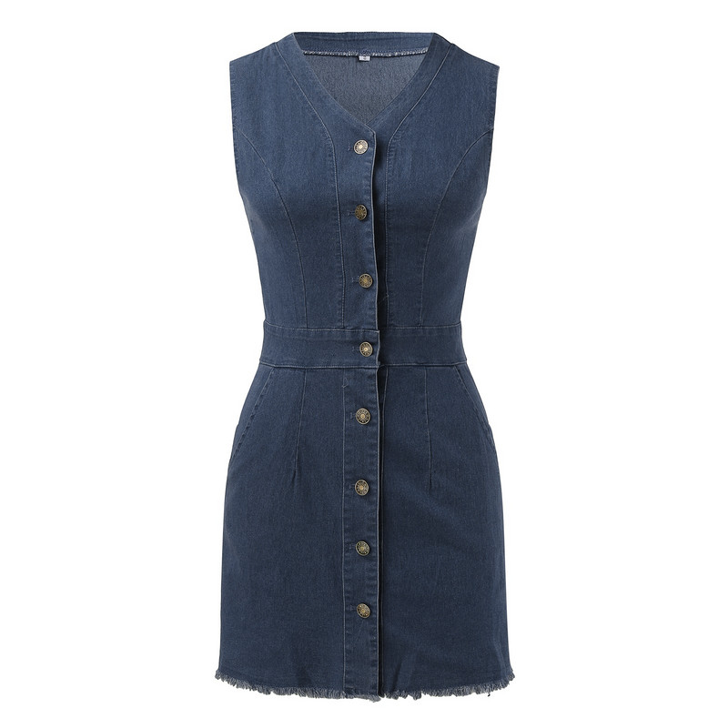 Rochie scurtă din denim pentru femei casual cu decolteu în V, blugi fără mâneci, rochii cu nasturi, rochii de soare midi, geantă lejeră, cu rochie la șold, rochie