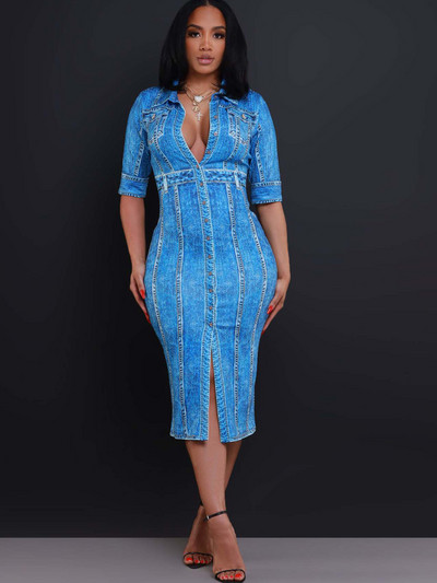 Beyprern naiste sinine teksariidest prindiga midikleit, moodne poolvarrukatega nööbi detailid Bodycon trükitud ööklubikleit, naiste vestid