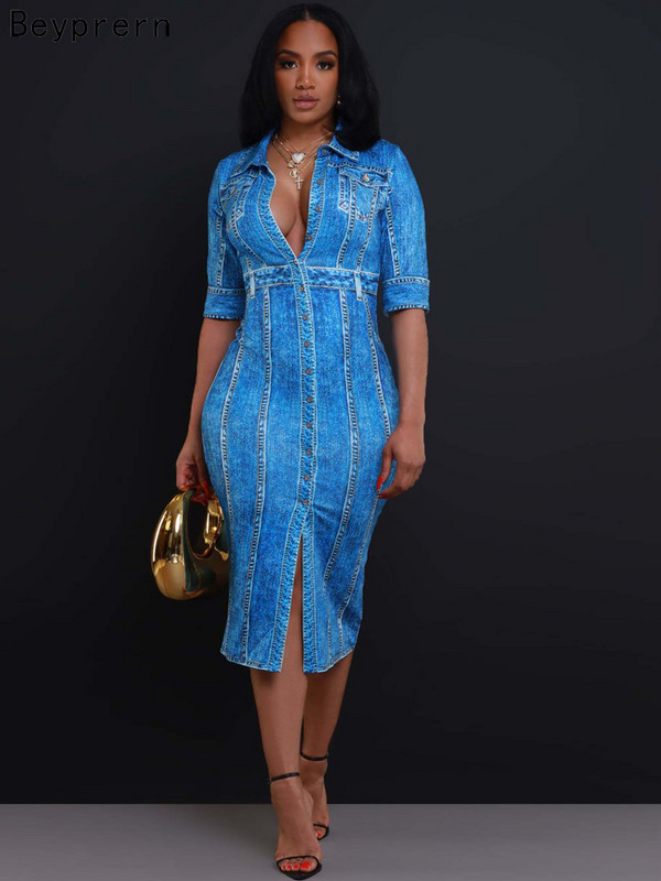 Beyprern naiste sinine teksariidest prindiga midikleit, moodne poolvarrukatega nööbi detailid Bodycon trükitud ööklubikleit, naiste vestid