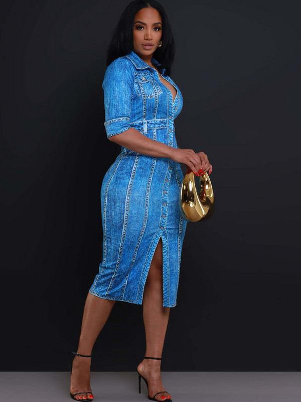 Beyprern naiste sinine teksariidest prindiga midikleit, moodne poolvarrukatega nööbi detailid Bodycon trükitud ööklubikleit, naiste vestid