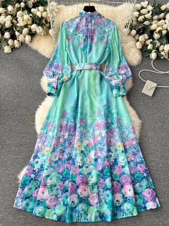 Красива празнична макси рокля с цветя 2024 г. Нова дамска яка с дълга яка и дълъг фенер с ръкав с цветен принт, колан с волани Халат Vestidos