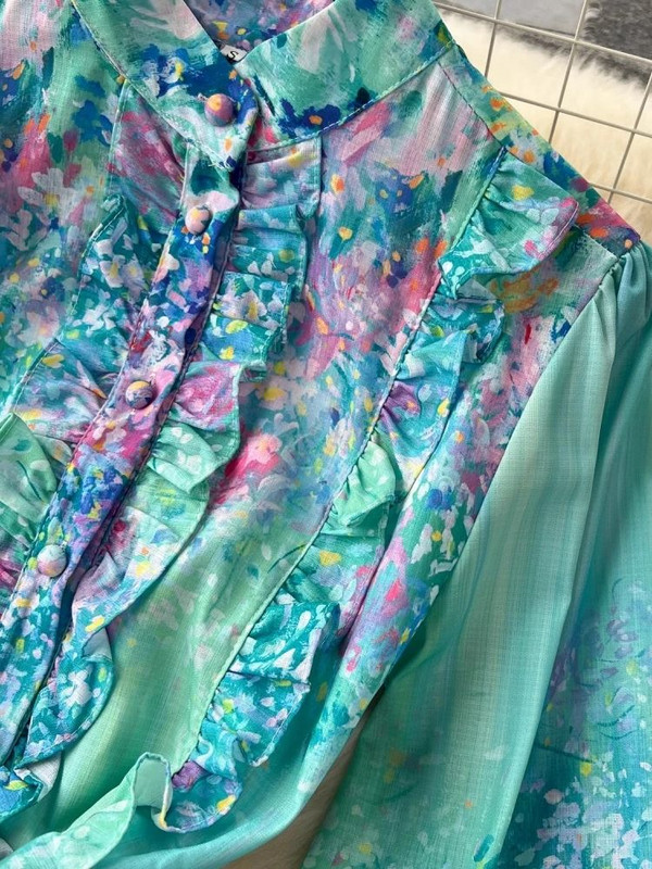 Imeilus pühadepäevane lilleline maksikleit 2024, uus naiste krae, pikkade laternavarrukatega lillemustriga vöö volangidega rüü Vestidos