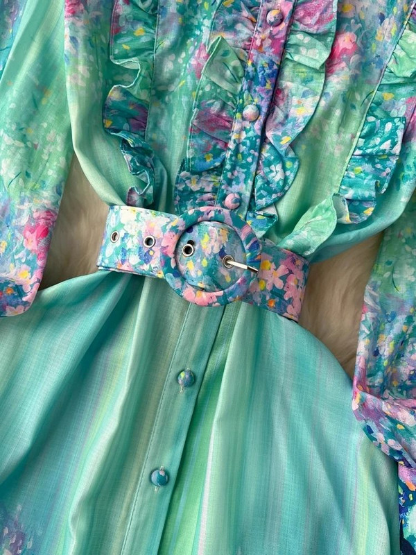 Imeilus pühadepäevane lilleline maksikleit 2024, uus naiste krae, pikkade laternavarrukatega lillemustriga vöö volangidega rüü Vestidos