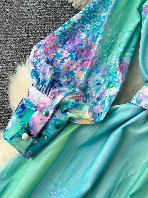 Imeilus pühadepäevane lilleline maksikleit 2024, uus naiste krae, pikkade laternavarrukatega lillemustriga vöö volangidega rüü Vestidos