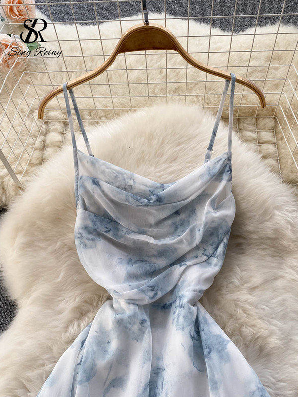 SINGREINY Γυναικείο Floral Spaghetti φόρεμα με λουράκι ελαστικό ρουτσούνι Σέξι κούφιο εξώπλατο φόρεμα για πάρτι Summer Boho Vacation Beach Sundress