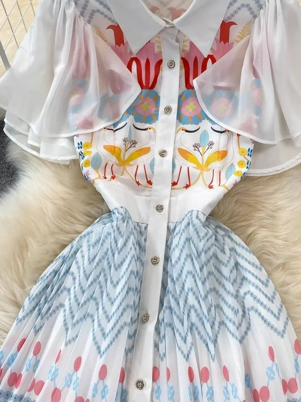 Elegantne suvine mustriga šifoonist kleit naiste liblikas varrukatega üherealise plisseeritud pulmapäeva sünnipäevapeo Vestidos