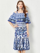 Summer Runway Blue and White Porcelain Print Beach Midi Φόρεμα Γυναικείο Spaghetti Strap Flare μανίκι ελαστική μέση βαμβακερή Vestidos