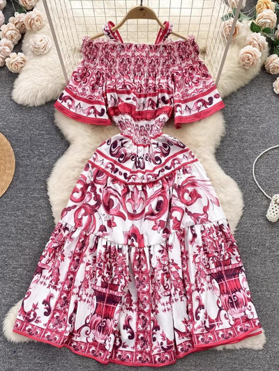 Summer Runway Blue and White Porcelain Print Beach Midi Φόρεμα Γυναικείο Spaghetti Strap Flare μανίκι ελαστική μέση βαμβακερή Vestidos