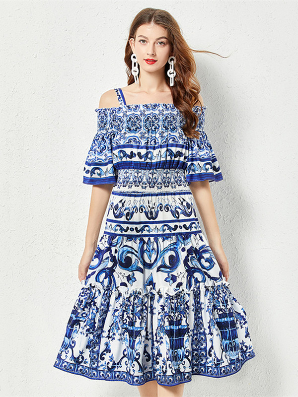 Summer Runway Blue and White Porcelain Print Beach Midi Φόρεμα Γυναικείο Spaghetti Strap Flare μανίκι ελαστική μέση βαμβακερή Vestidos