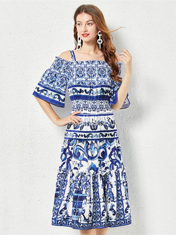 Summer Runway Blue and White Porcelain Print Beach Midi Φόρεμα Γυναικείο Spaghetti Strap Flare μανίκι ελαστική μέση βαμβακερή Vestidos