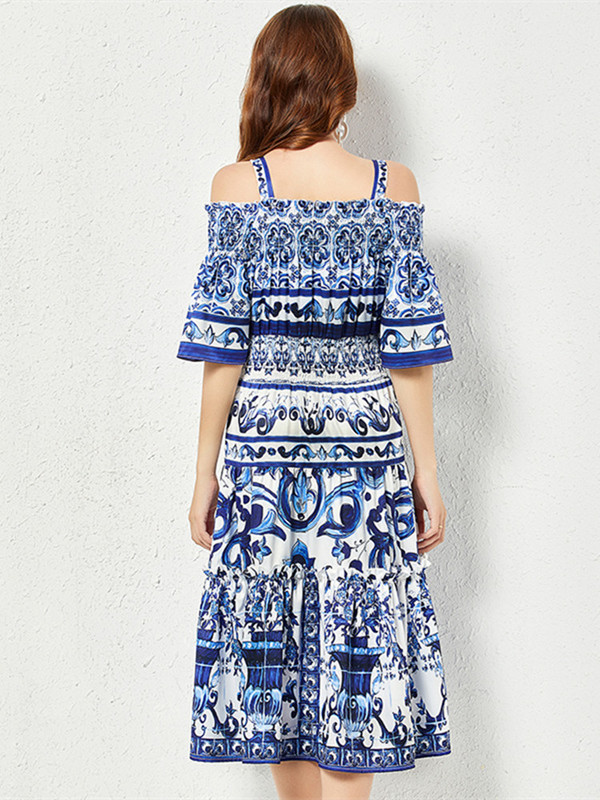 Summer Runway Blue and White Porcelain Print Beach Midi Φόρεμα Γυναικείο Spaghetti Strap Flare μανίκι ελαστική μέση βαμβακερή Vestidos