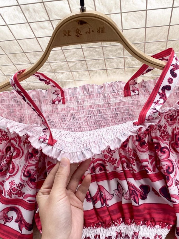 Summer Runway Blue and White Porcelain Print Beach Midi Φόρεμα Γυναικείο Spaghetti Strap Flare μανίκι ελαστική μέση βαμβακερή Vestidos