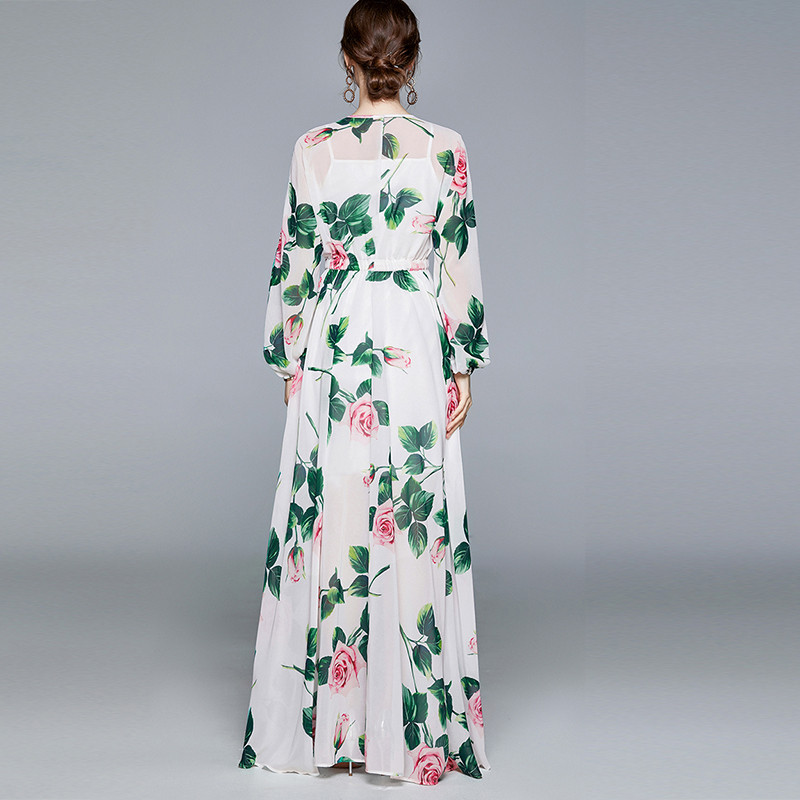 Banulin Summer Fashion Runway Boho Φορέματα Maxi Γυναικεία μακρυμάνικα λουλούδια ροζ στάμπα Ελαστική μέση Γιορτινό κομψό μακρύ φόρεμα