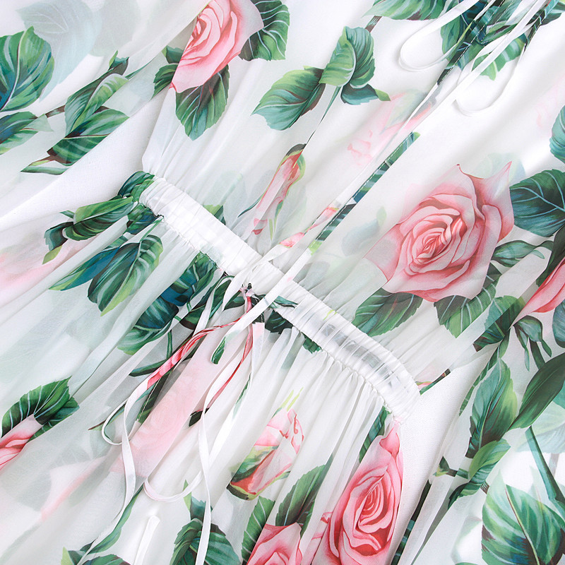 Banulin Summer Fashion Runway Boho Φορέματα Maxi Γυναικεία μακρυμάνικα λουλούδια ροζ στάμπα Ελαστική μέση Γιορτινό κομψό μακρύ φόρεμα