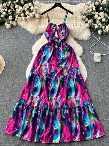 SINGREINY Bohemian Hollow Out Print Dress Spaghetti презрамка цип с отворени рамена без ръкави Лятна ваканция Секси тънка дълга рокля