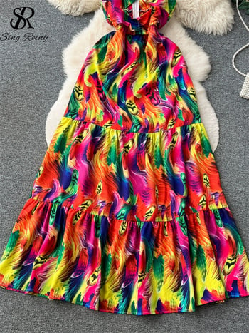 SINGREINY Bohemian Hollow Out Print Dress Spaghetti презрамка цип с отворени рамена без ръкави Лятна ваканция Секси тънка дълга рокля