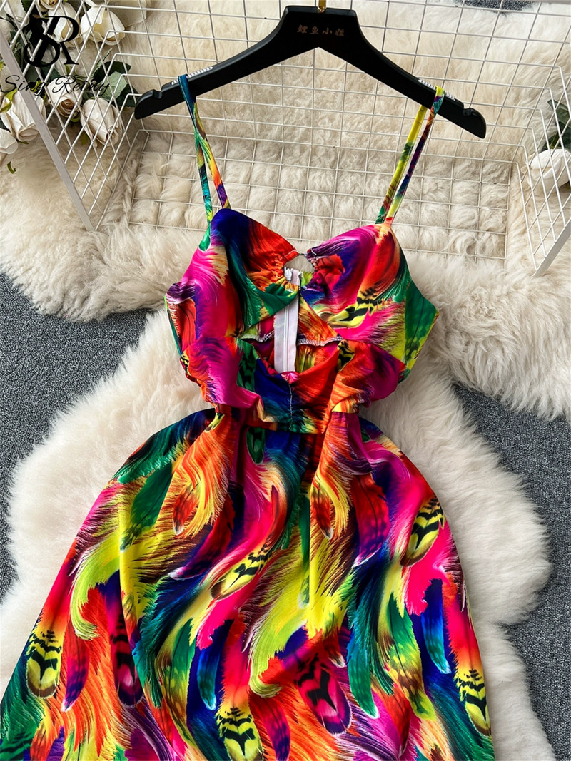 SINGREINY Bohemian Hollow Out Print Kleit Spagetti rihmaga tõmblukk õlgadest Varrukateta Suvepuhkus Seksikas õhuke pikk kleit