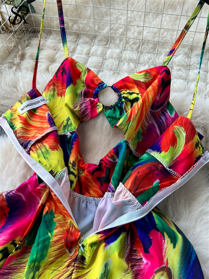 SINGREINY Bohemian Hollow Out Print Kleit Spagetti rihmaga tõmblukk õlgadest Varrukateta Suvepuhkus Seksikas õhuke pikk kleit