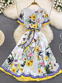 Ljetna haljina sa cvjetnim zečjim pistama Ženska haljina kratkih rukava s O izrezom, biljnim cvjetnim printom, patentnim zatvaračem, praznični remen na vezanje, Boho vestidos za plažu