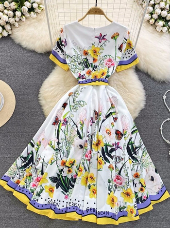 Лятна рокля със заешки цветя за писта, дамска рокля с къс ръкав и О-образно деколте, растителна флорална щампа с цип Празничен колан с връзки Boho Beach Vestidos