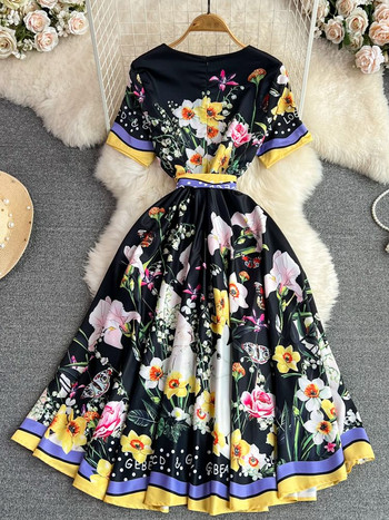 Лятна рокля със заешки цветя за писта, дамска рокля с къс ръкав и О-образно деколте, растителна флорална щампа с цип Празничен колан с връзки Boho Beach Vestidos